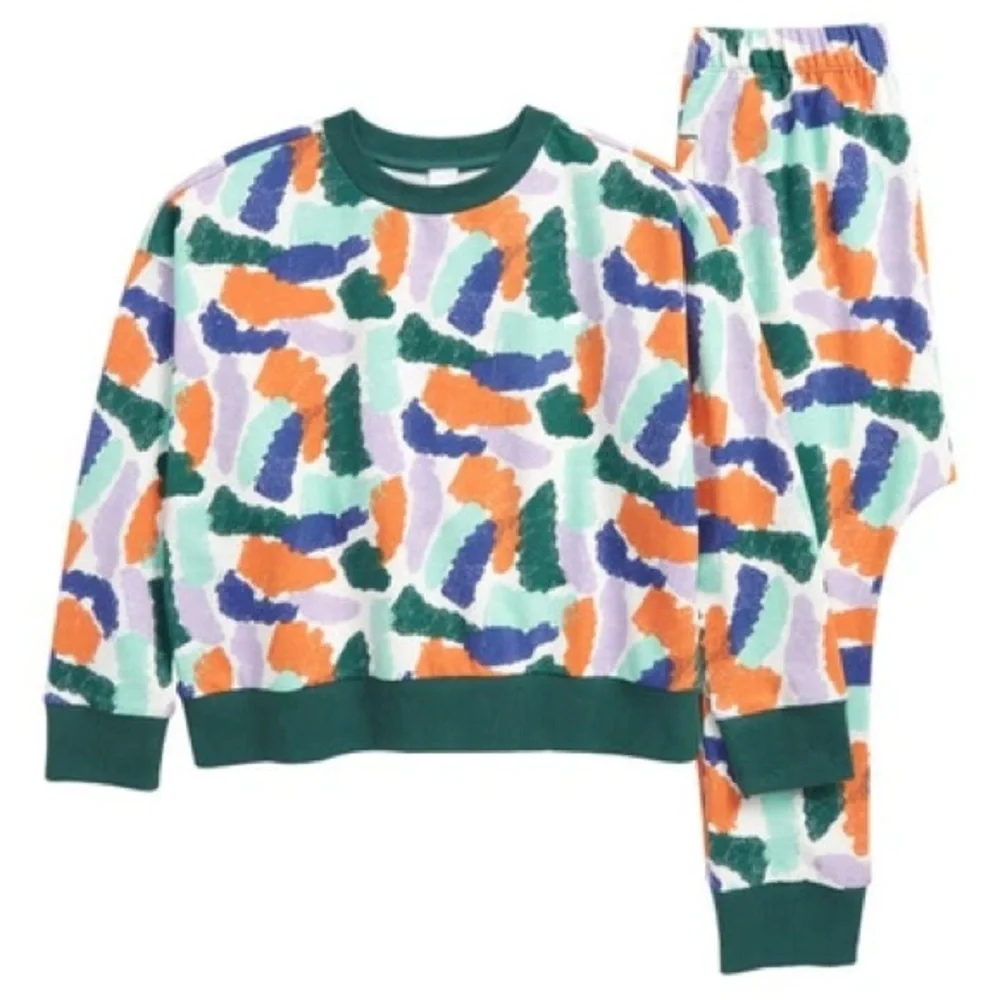 Open Edit Kid's 7 Ivory Cloud Teal Crayon Camo Long‎ Sleeve Crew Neck & Pants
